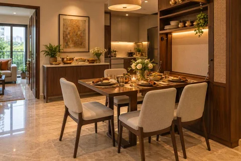 AI-generated dining-room concept: wall-unit dining, festival meal preparation direction