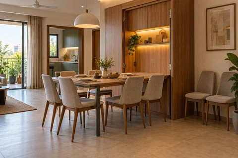 AI-generated dining-room concept: wall-unit dining, flexible extra seats direction