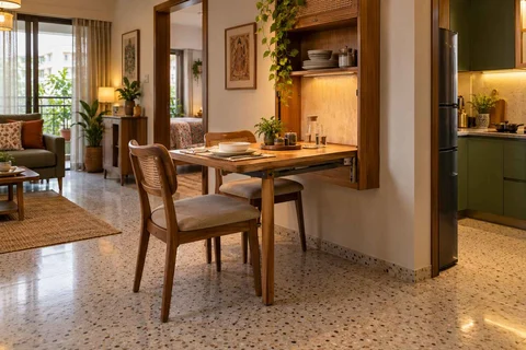 AI-generated dining-room concept: wall-unit dining, grandparents and grandchildren direction