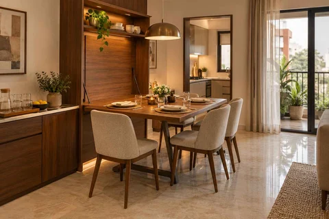 AI-generated dining-room concept: wall-unit dining, guest welcome meal direction