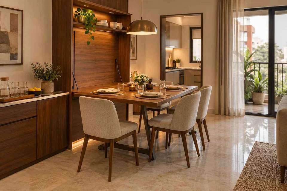 AI-generated dining-room concept: wall-unit dining, guest welcome meal direction