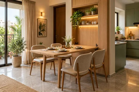 AI-generated dining-room concept: wall-unit dining, homegrown herb table direction