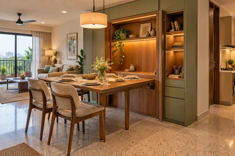 AI-generated dining-room concept: wall-unit dining, homework-to-dinner transition direction
