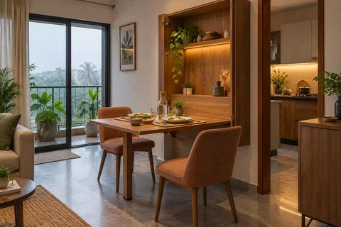 AI-generated dining-room concept: wall-unit dining, monsoon lunch light direction