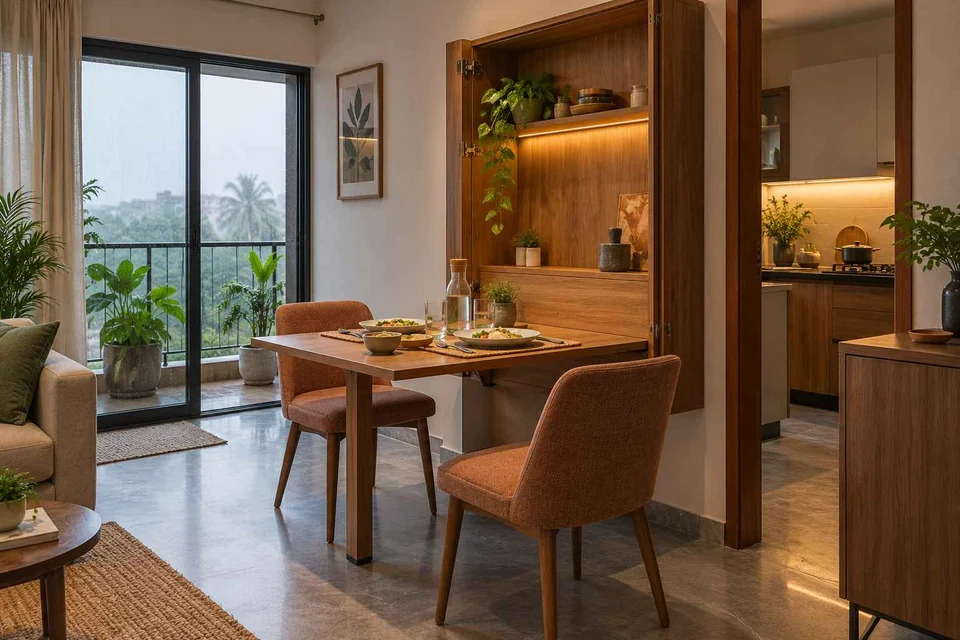 AI-generated dining-room concept: wall-unit dining, monsoon lunch light direction