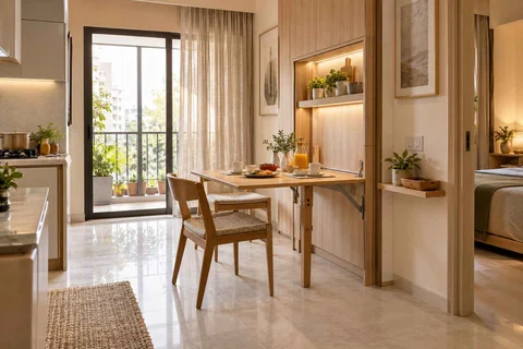 AI-generated dining-room concept: wall-unit dining, morning breakfast rhythm direction