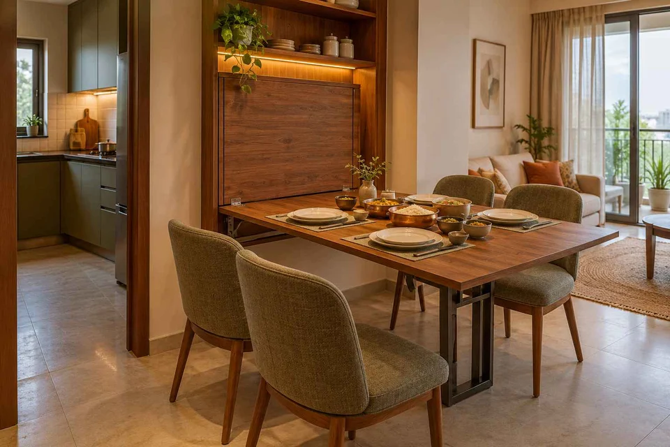 AI-generated dining-room concept: wall-unit dining, serving bowl sharing direction