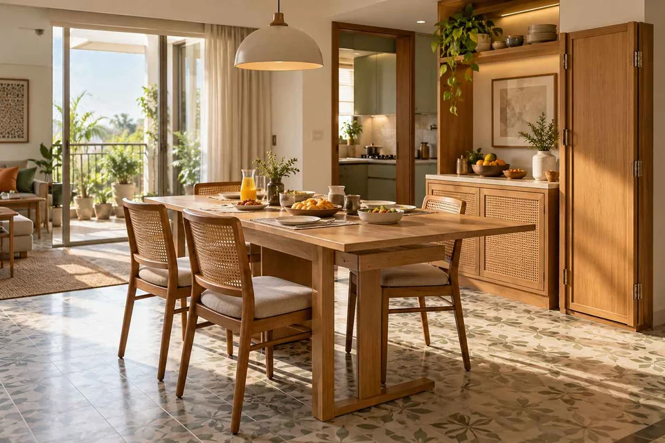 AI-generated dining-room concept: wall-unit dining, slow weekend brunch direction