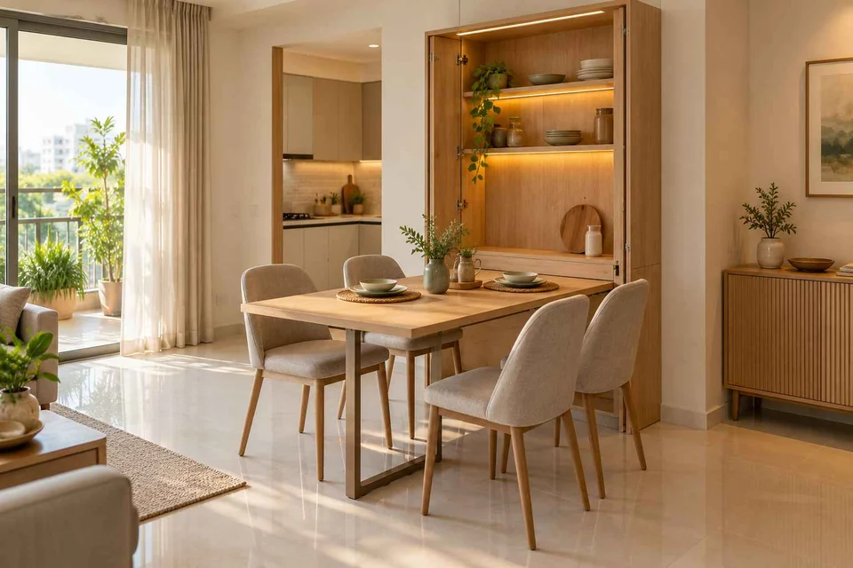 AI-generated dining-room concept: wall-unit dining, summer-airiness dining direction