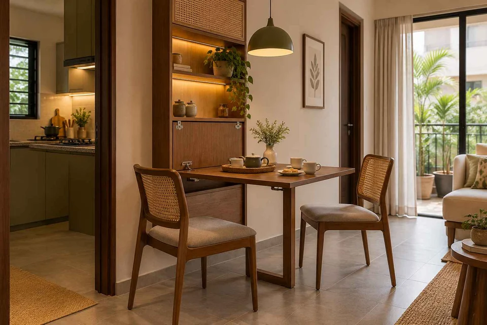 AI-generated dining-room concept: wall-unit dining, tea with friends direction
