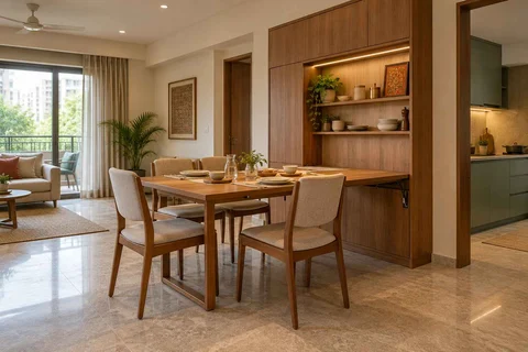 AI-generated dining-room concept: wall-unit dining, visiting-parents meal direction