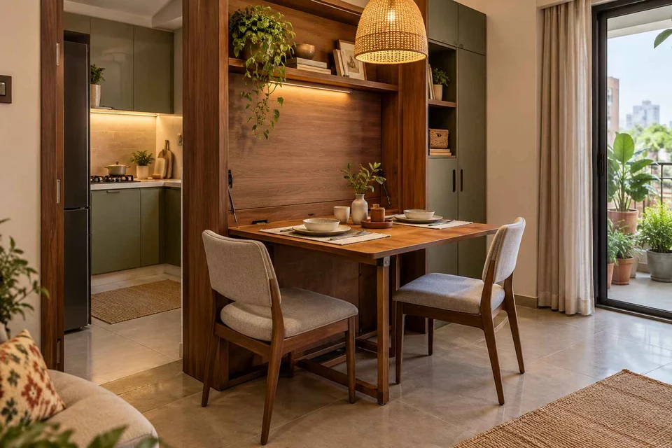 AI-generated dining-room concept: wall-unit dining, weekend craft-to-meal reset direction