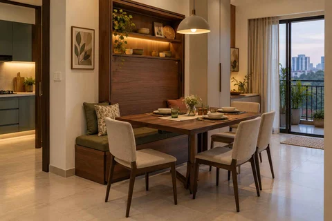 AI-generated dining-room concept: wall-unit dining, weeknight compact hosting direction