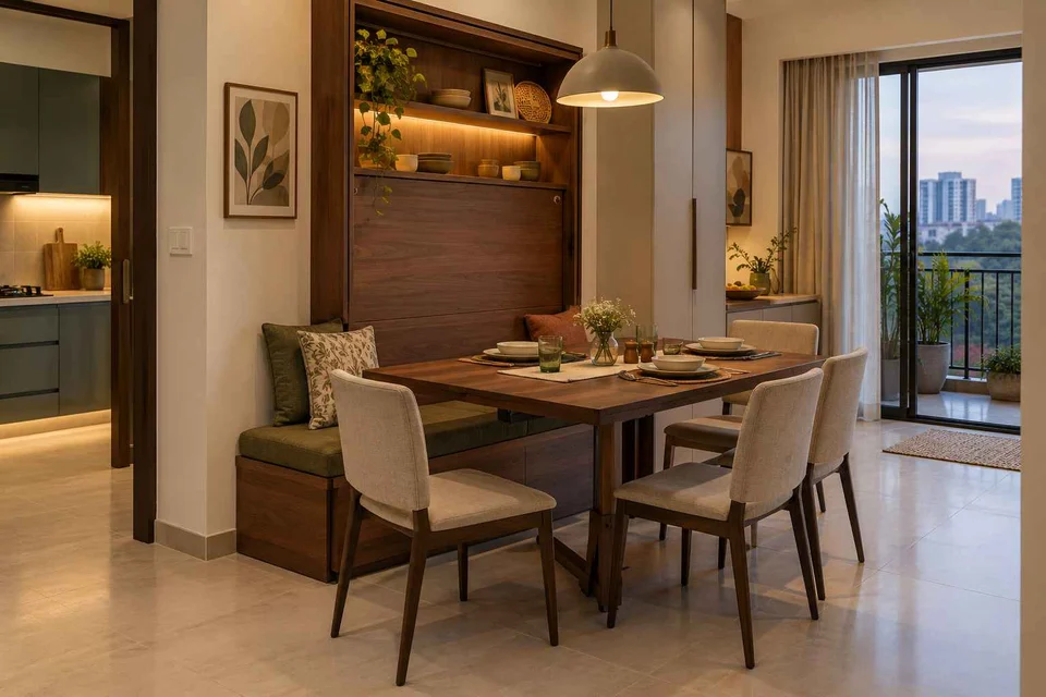 AI-generated dining-room concept: wall-unit dining, weeknight compact hosting direction