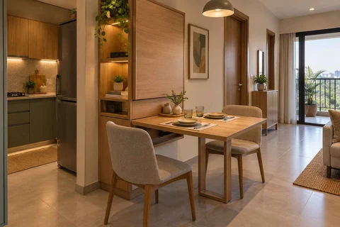 AI-generated dining-room concept: wall-unit dining, work-from-home reset direction