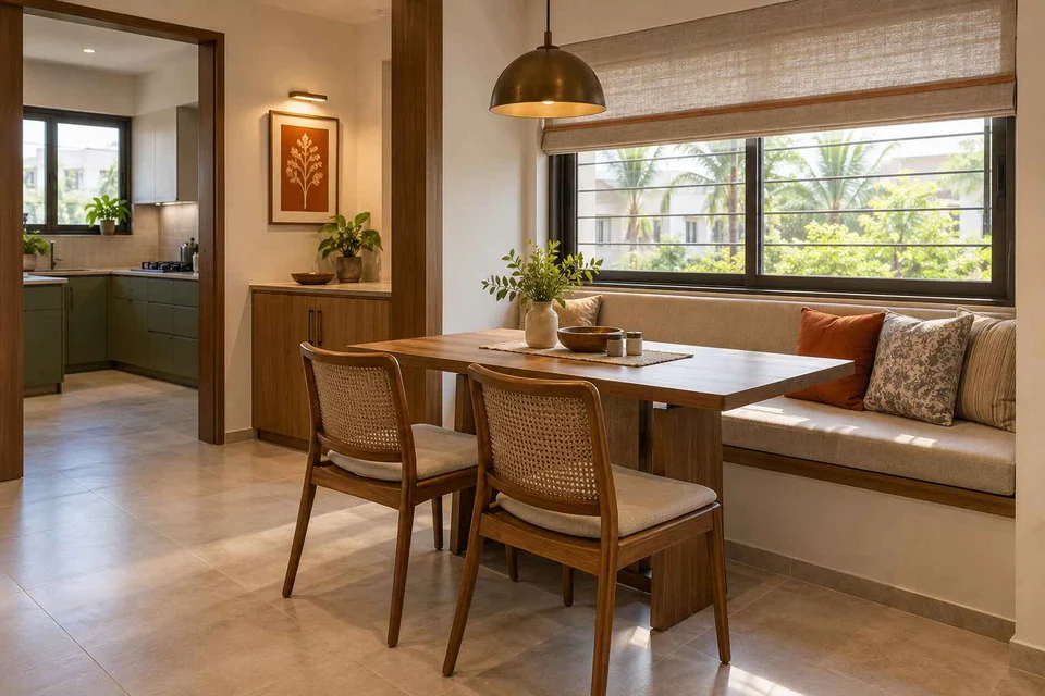 AI-generated dining-room concept: window-banquette dining, adaptable everyday dining direction