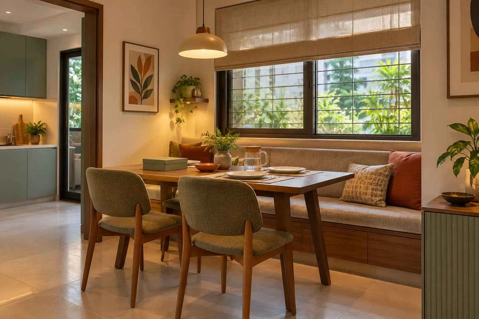 AI-generated dining-room concept: window-banquette dining, board-game supper direction