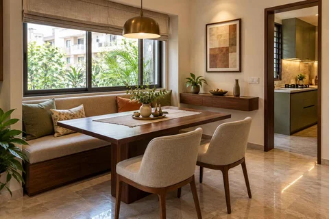 AI-generated dining-room concept: window-banquette dining, buffet-side gathering direction