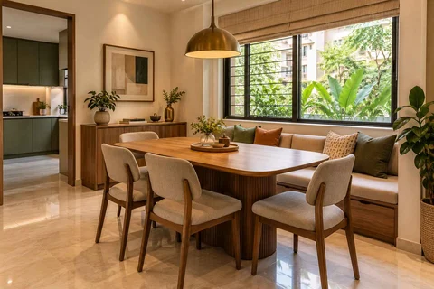 AI-generated dining-room concept: window-banquette dining, children's everyday meals direction