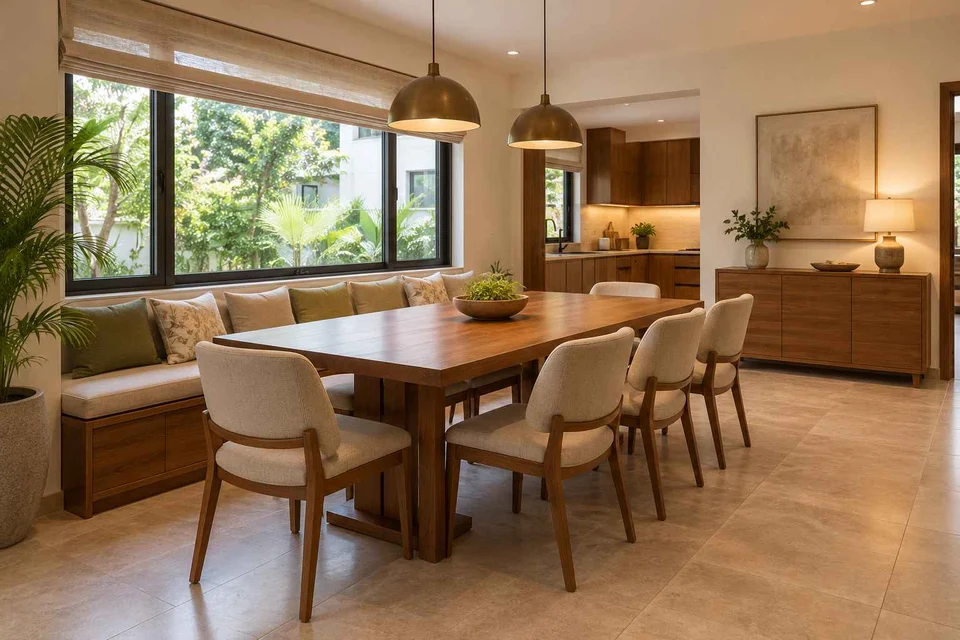 AI-generated dining-room concept: window-banquette dining, clear-table daily reset direction