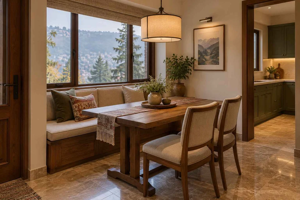 AI-generated dining-room concept: window-banquette dining, cool-season family table direction