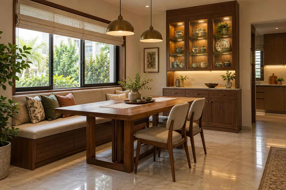 AI-generated dining-room concept: window-banquette dining, crockery collection display direction