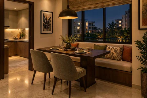 AI-generated dining-room concept: window-banquette dining, evening candleless dinner direction