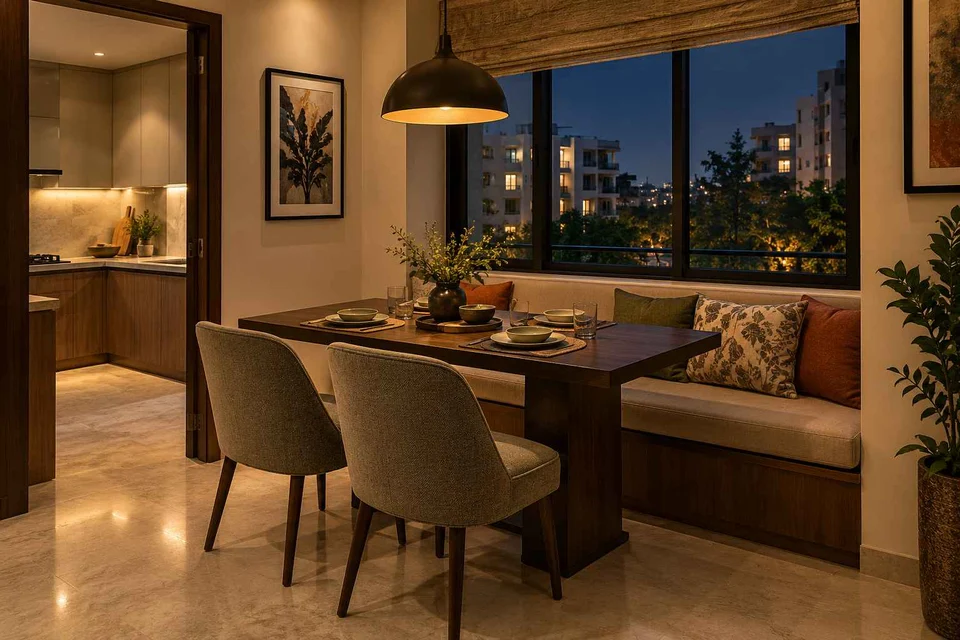 AI-generated dining-room concept: window-banquette dining, evening candleless dinner direction