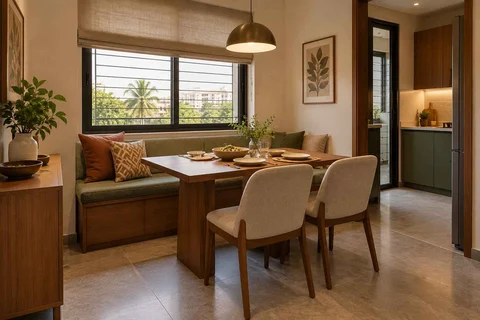 AI-generated dining-room concept: window-banquette dining, everyday family supper direction