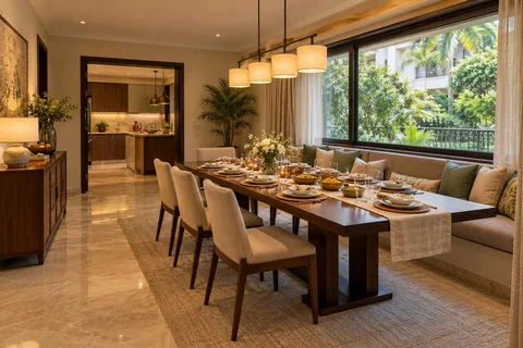 AI-generated dining-room concept: window-banquette dining, festival meal preparation direction