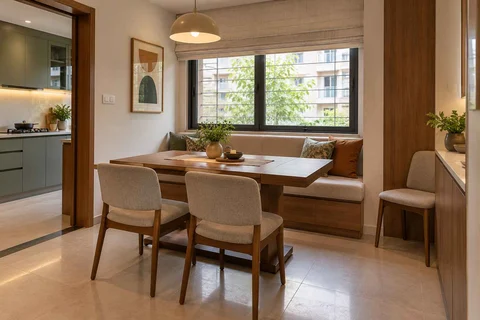 AI-generated dining-room concept: window-banquette dining, flexible extra seats direction