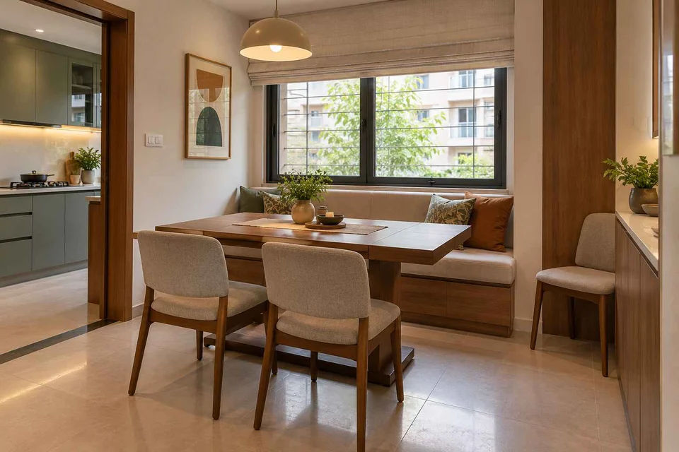 AI-generated dining-room concept: window-banquette dining, flexible extra seats direction