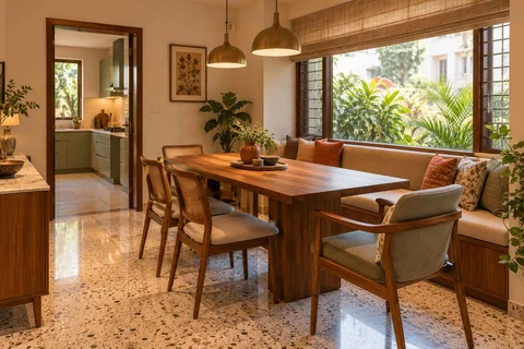 AI-generated dining-room concept: window-banquette dining, grandparents and grandchildren direction