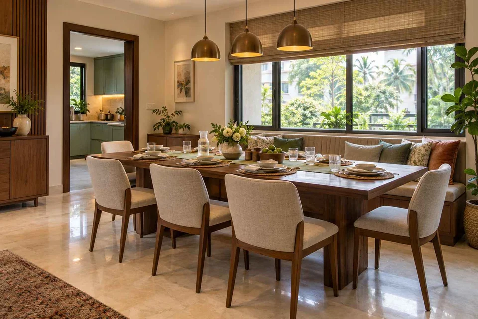 AI-generated dining-room concept: window-banquette dining, guest welcome meal direction