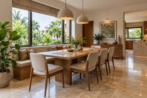 AI-generated dining-room concept: window-banquette dining, homegrown herb table direction