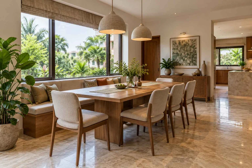 AI-generated dining-room concept: window-banquette dining, homegrown herb table direction