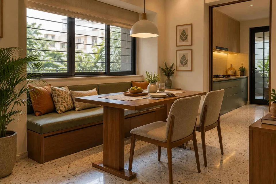 AI-generated dining-room concept: window-banquette dining, homework-to-dinner transition direction