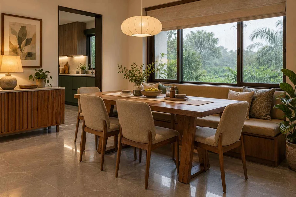 AI-generated dining-room concept: window-banquette dining, monsoon lunch light direction
