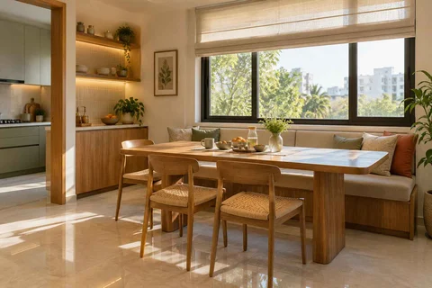AI-generated dining-room concept: window-banquette dining, morning breakfast rhythm direction
