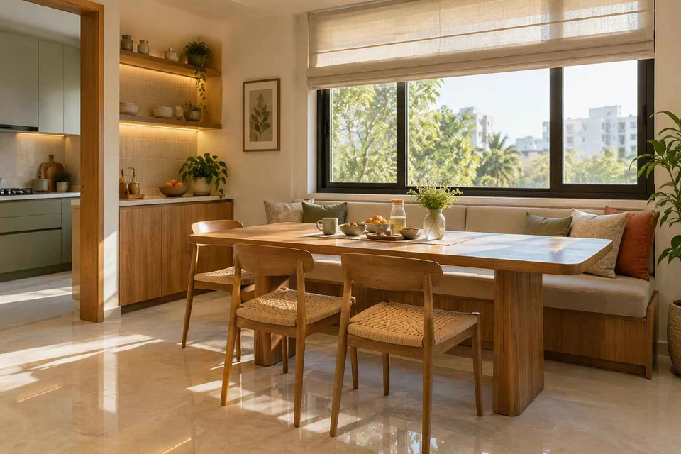 AI-generated dining-room concept: window-banquette dining, morning breakfast rhythm direction