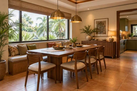 AI-generated dining-room concept: window-banquette dining, serving bowl sharing direction