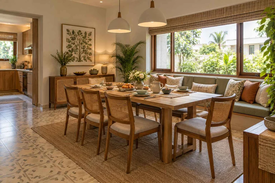 AI-generated dining-room concept: window-banquette dining, slow weekend brunch direction