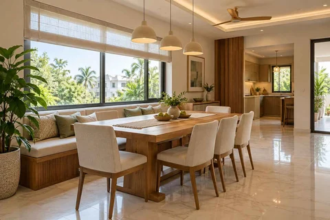AI-generated dining-room concept: window-banquette dining, summer-airiness dining direction