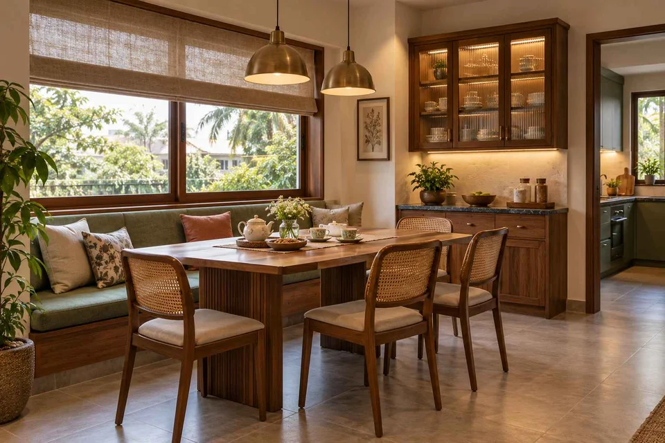 AI-generated dining-room concept: window-banquette dining, tea with friends direction