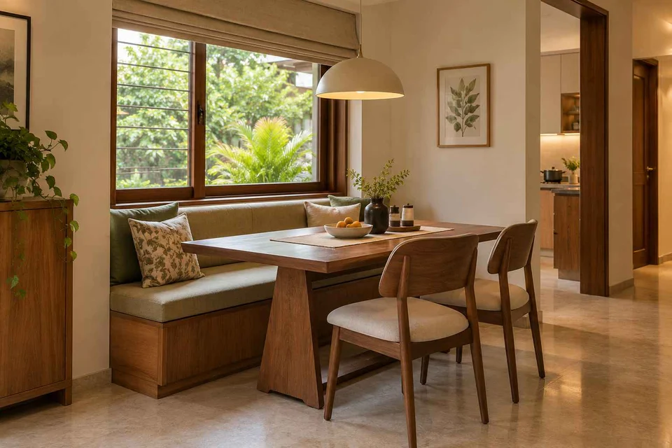 AI-generated dining-room concept: window-banquette dining, visiting-parents meal direction