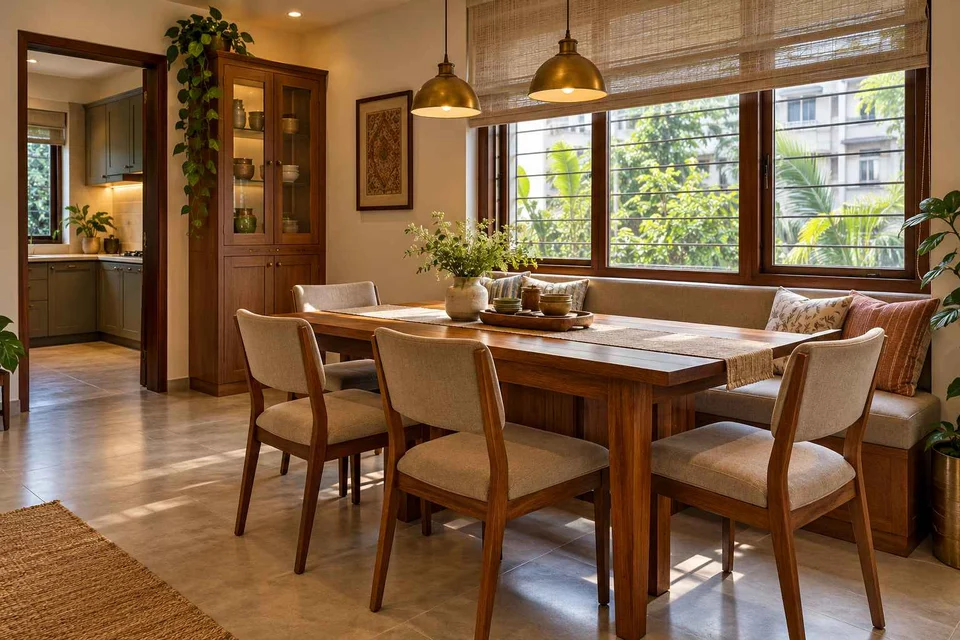 AI-generated dining-room concept: window-banquette dining, weekend craft-to-meal reset direction