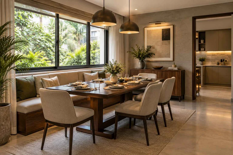 AI-generated dining-room concept: window-banquette dining, weeknight compact hosting direction
