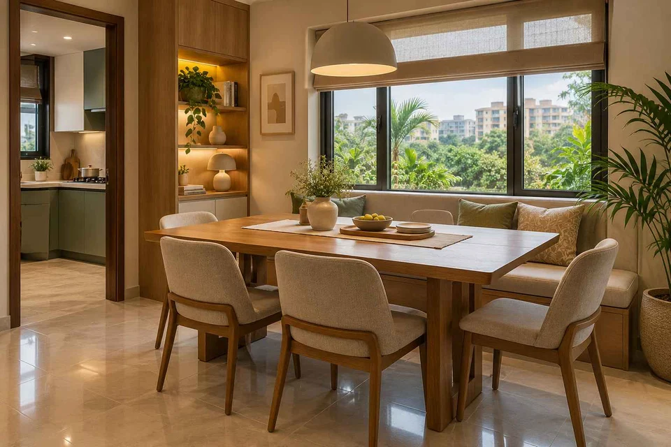 AI-generated dining-room concept: window-banquette dining, work-from-home reset direction