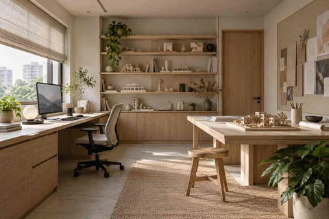 AI-generated home office concept: architectural home studio, ash and linen direction