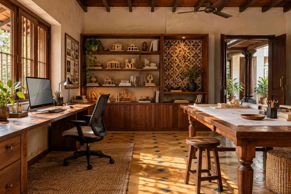 AI-generated home office concept: architectural home studio, chettinad tile direction